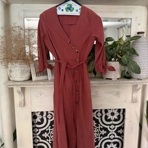 Hayden Rust Button-Front Midi Dress with Tie Waist